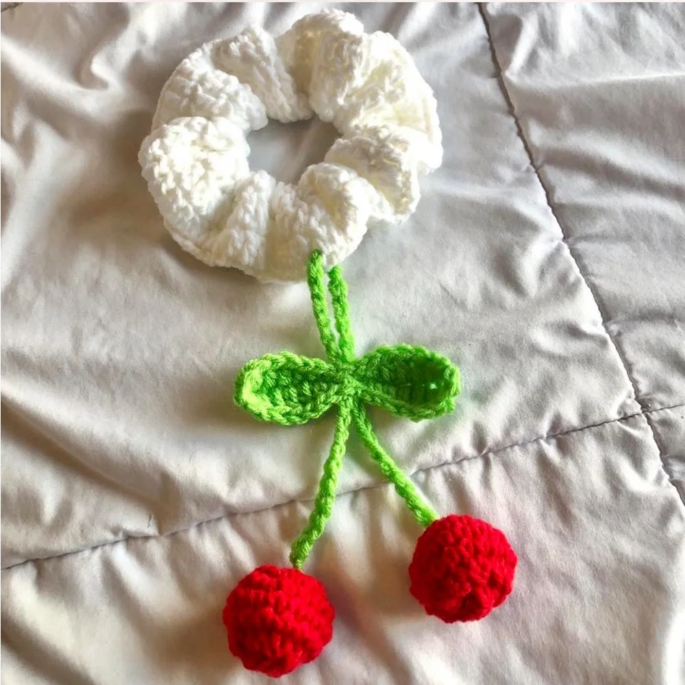 crochet xl scrunchie 2 piece set in white and black with hanging cherries